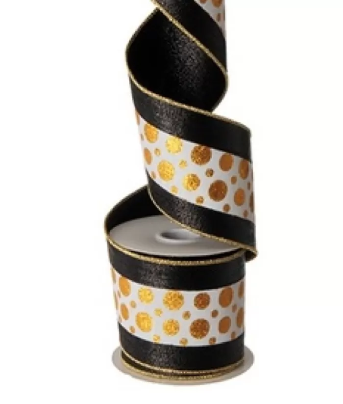 Boutique de Noël Santa'S Workshop*10Yds 4" Black/White/Gold Polka Dot Ribbon