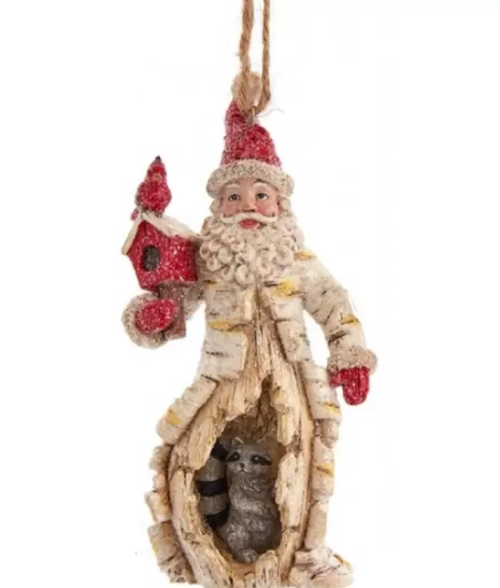 Clearance Birch Santa With Raccoon Ornament Animals