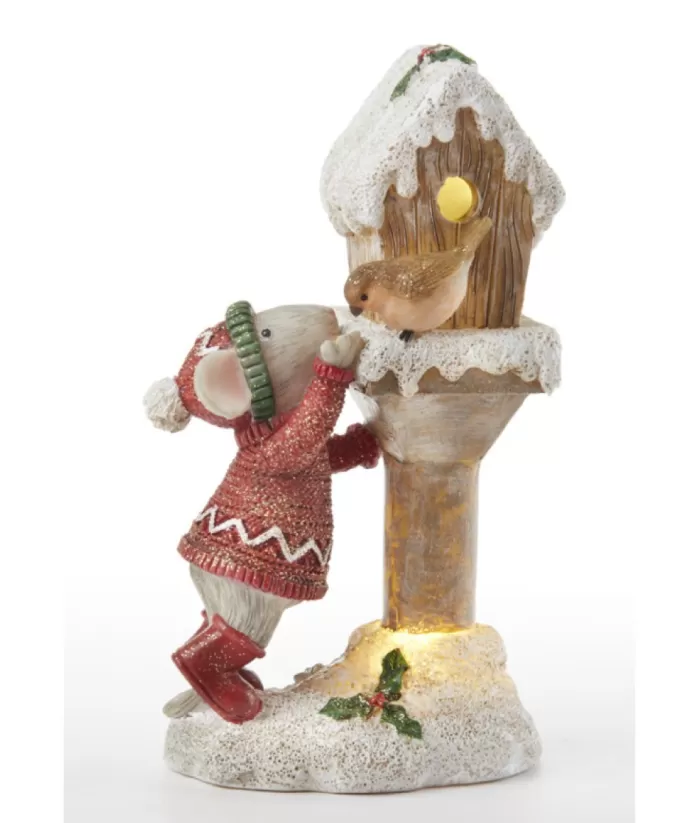 Boutique de Noël Rustic*Bird House, With Friendly Mouse, Led Lit, 6.5" Tall