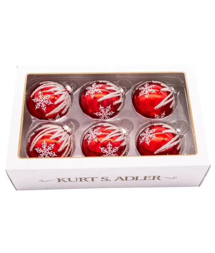 Boutique de Noël Glass Ball Boxes*Box Of 6 Red Glass Jewelled Glass Balls, Snowflake Design 80Mm