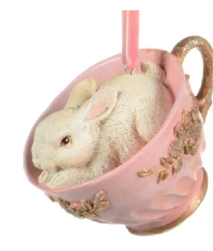 Clearance Bunny In Pink Tea Cup, Ornament Animals