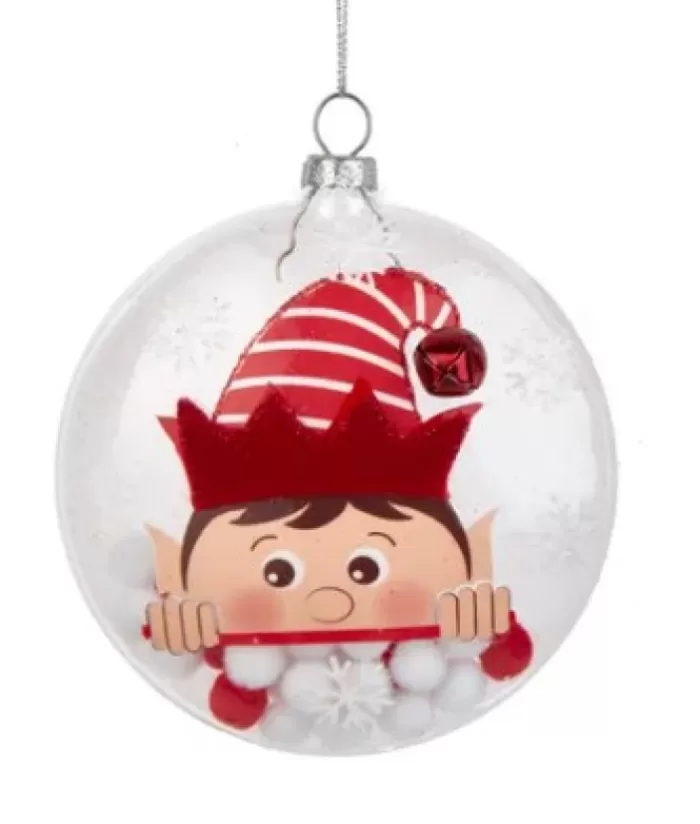 Best Clear Glass Ornament With Elf Motif And Snow Ball Filling, 4" Large Gnomes & Elves