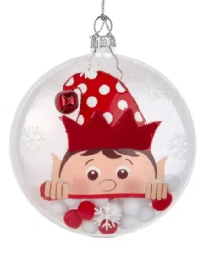 Boutique de Noël Christmas Classics*Clear Glass Ornament With Elf Motif And Snow Ball Filling, 4" Large