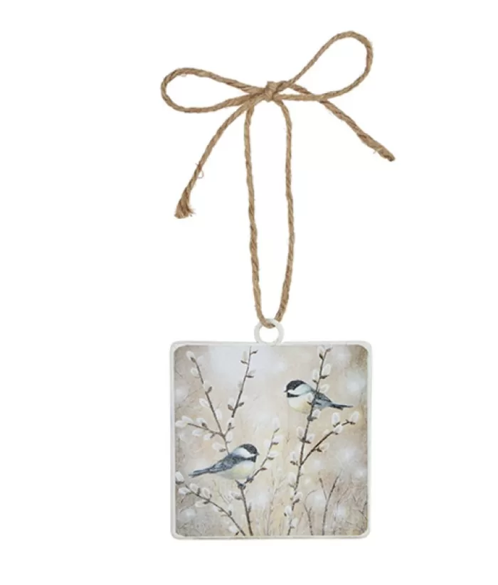 Boutique de Noël Birds & Owls*Flat Glass Ornament, Chickadees On Pussy Willow