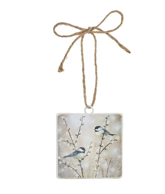 Hot Flat Glass Ornament, Chickadees On Pussy Willow Animals