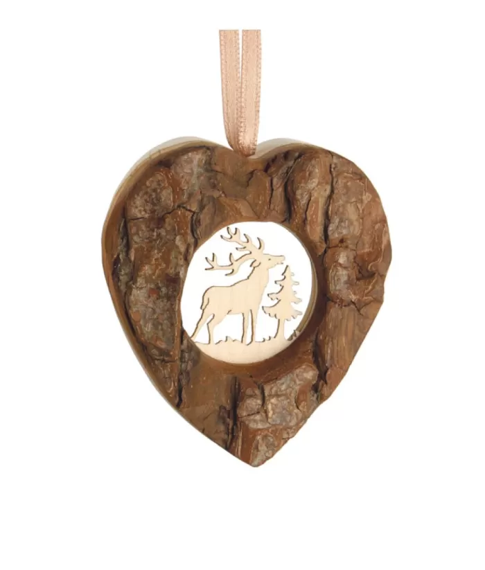 Boutique de Noël Rustic*German Wood, Ornament, Heart Shape With Carved Elk