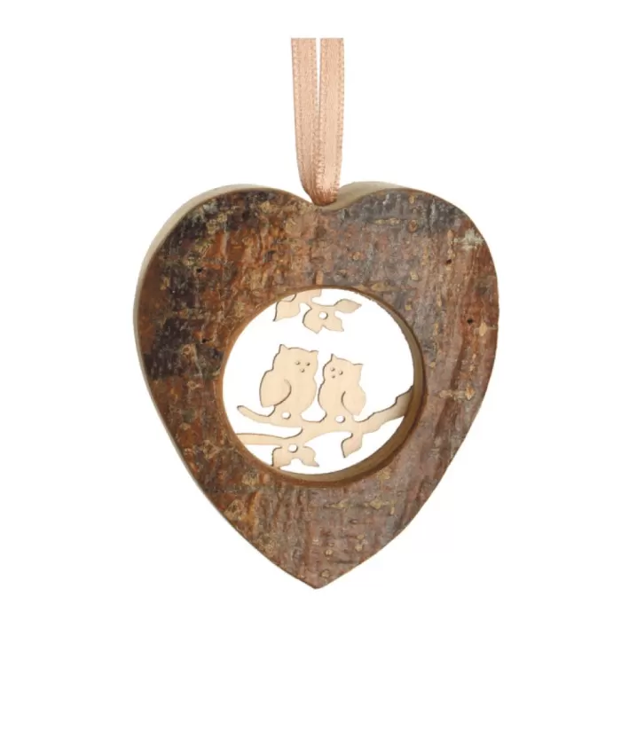 Boutique de Noël Rustic*German Wood, Ornament, Heart Shape With Carved Owls