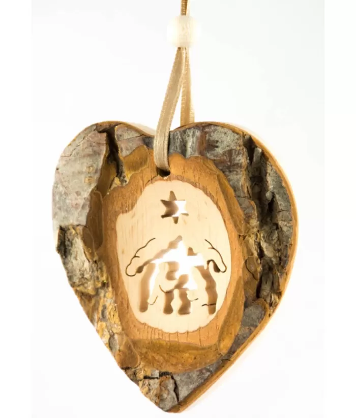 Boutique de Noël Religion*German Wood, Ornament, Heart Shape With Nativity Scene