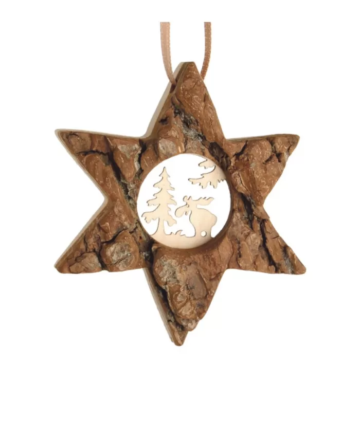 Boutique de Noël Rustic*German Wood, Ornament, Star Shape With Carved Moose