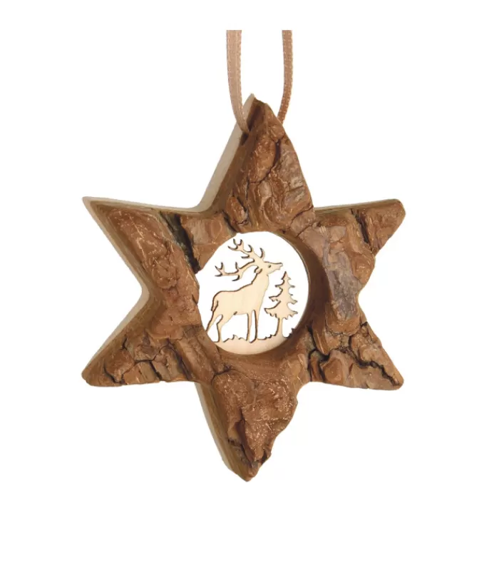 Store German Wood, Ornament, Star Shape With Stag Animals