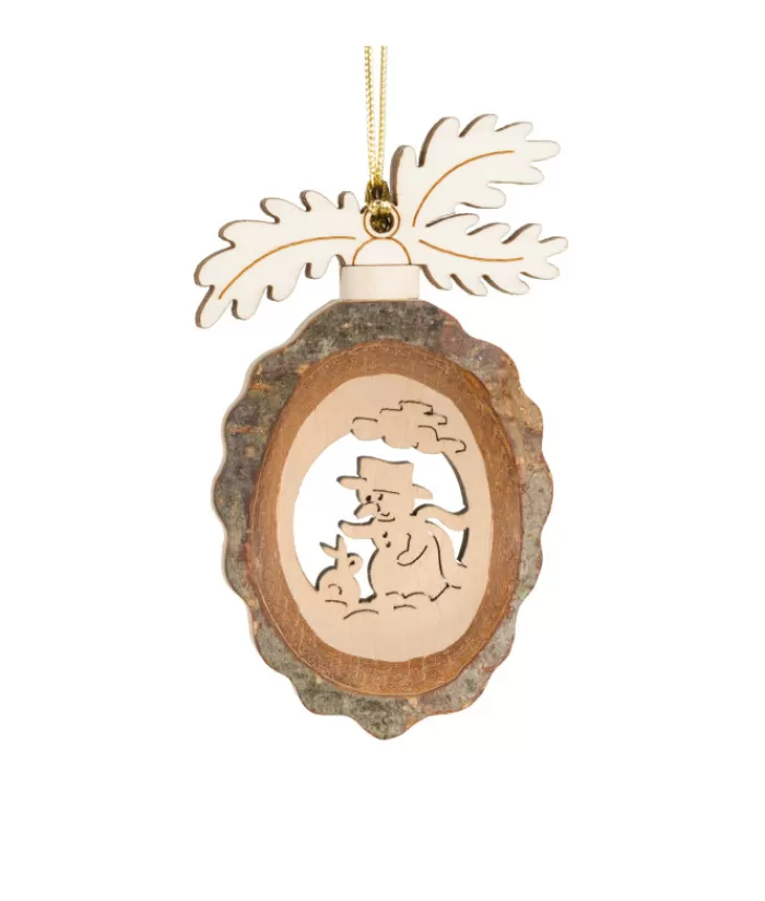 Sale German Wooden Ornament, Acorn Shape With Oak Leaves, Snowman With Rabbit Engraving, 9Cm Snowmen