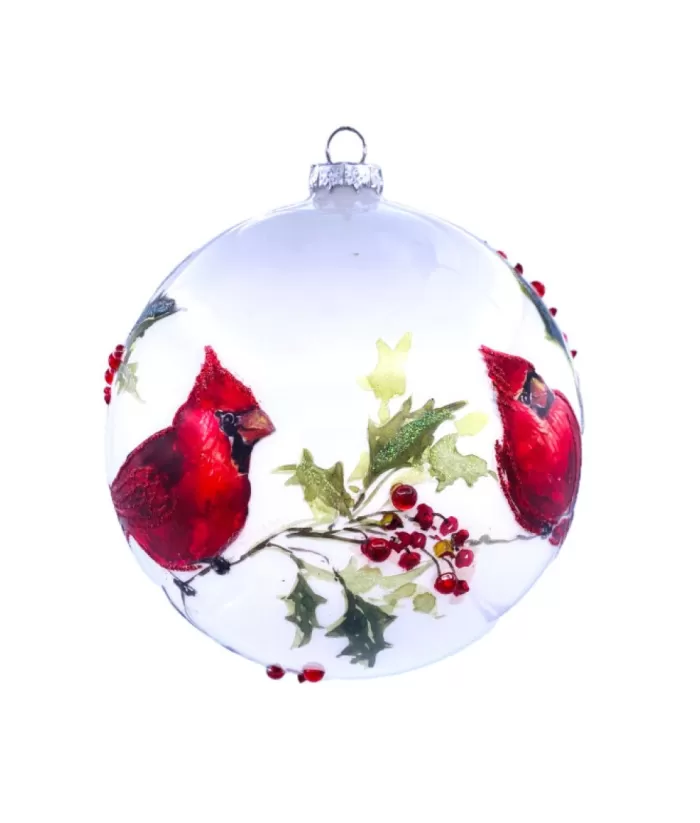 Boutique de Noël Birds & Owls*Glass Ball Ornament, With Cardinals On Holly Branch, 6"