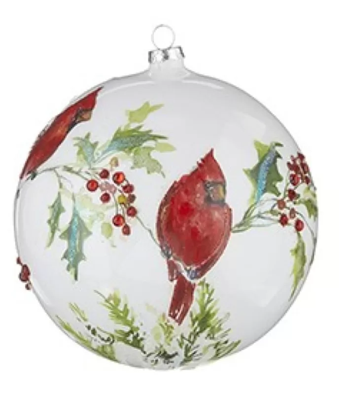 Boutique de Noël Birds & Owls*Glass Ball Ornament, With Cardinals On Holly Branch, 6"