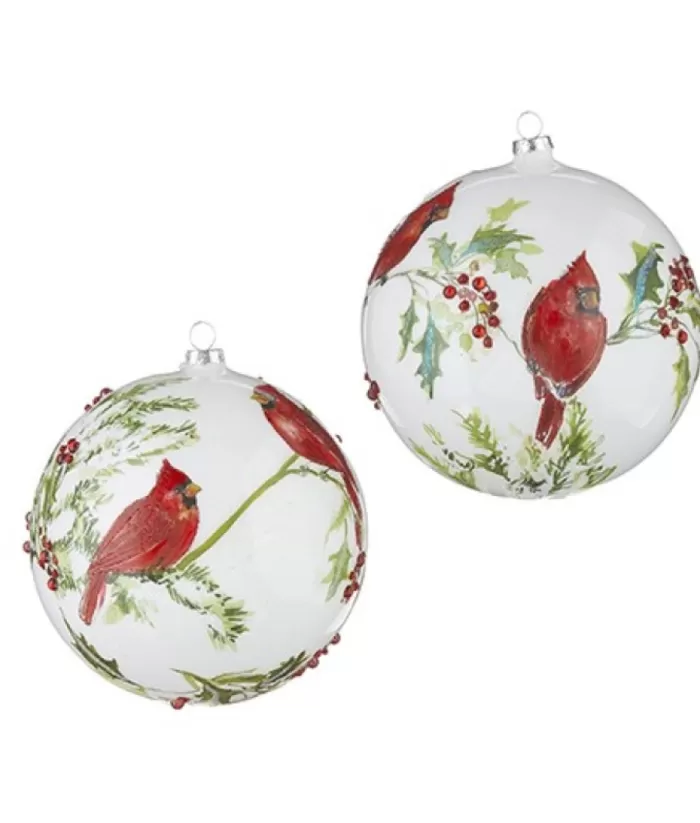 Boutique de Noël Birds & Owls*Glass Ball Ornament, With Cardinals On Holly Branch, 6"