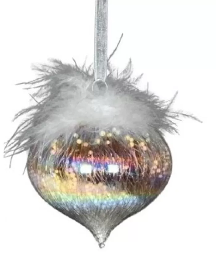 Clearance Glass Ornament, 80Mm, Iris Onion With Feather Decoration Seasons Of Elegance