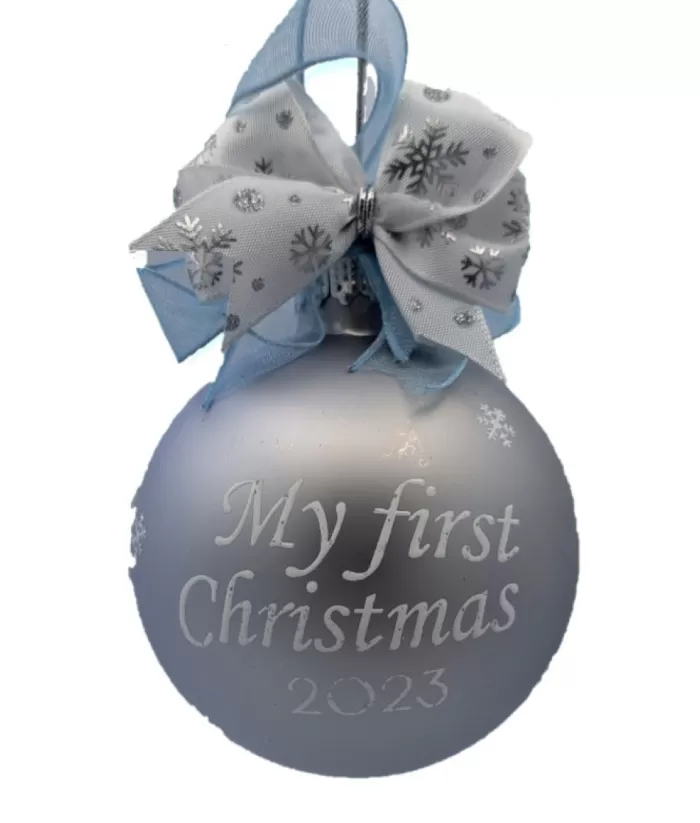 Boutique de Noël Family & Friends*Glass Ornament, Baby`S First Christmas, 2023, Blue With Ribbons.