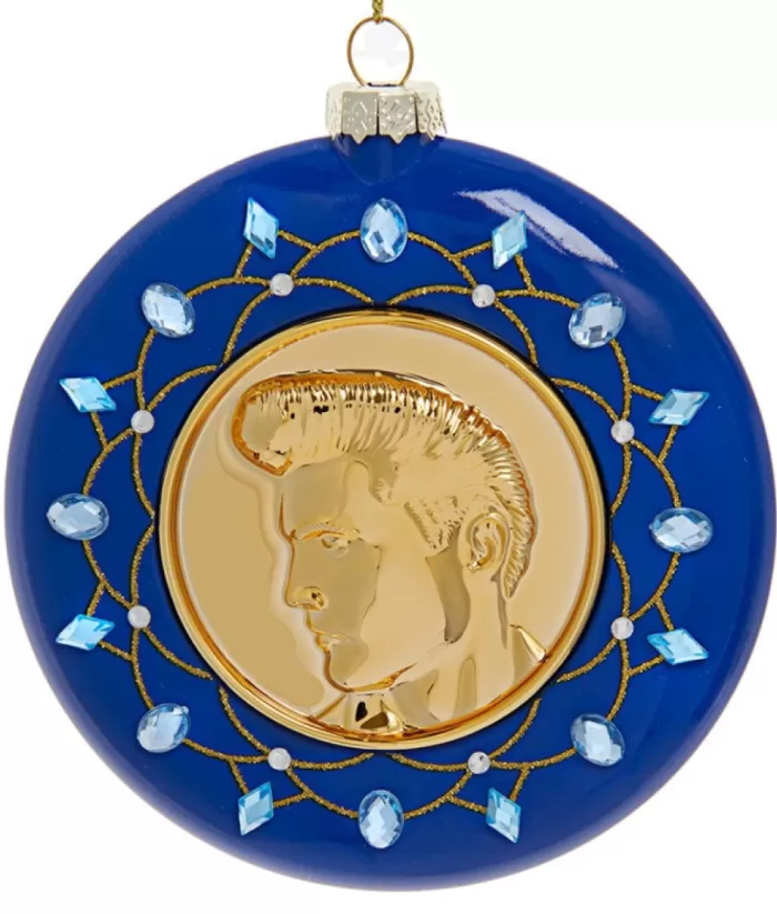 Boutique de Noël Collections*Glass Ornament, Gold And Blue Disc With Elvis' Likeness