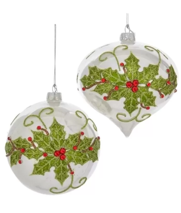 Boutique de Noël Collections*Glass Ornament, Holly Design Onion Ball