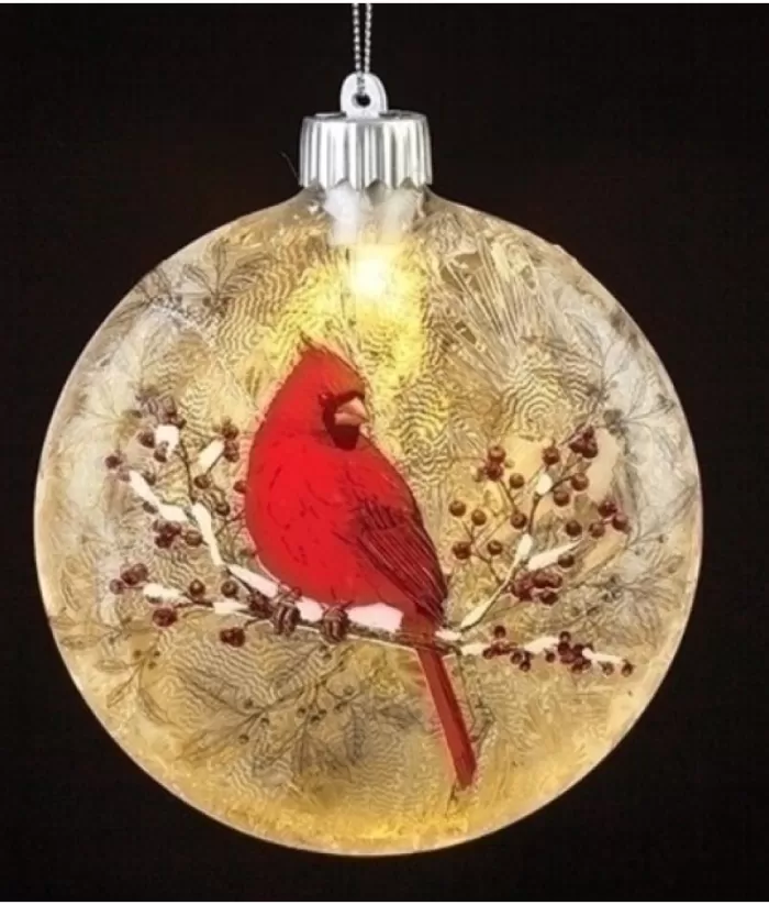 Boutique de Noël Birds & Owls*Glass Ornament, Led, Cardinal On Holly Bough Design