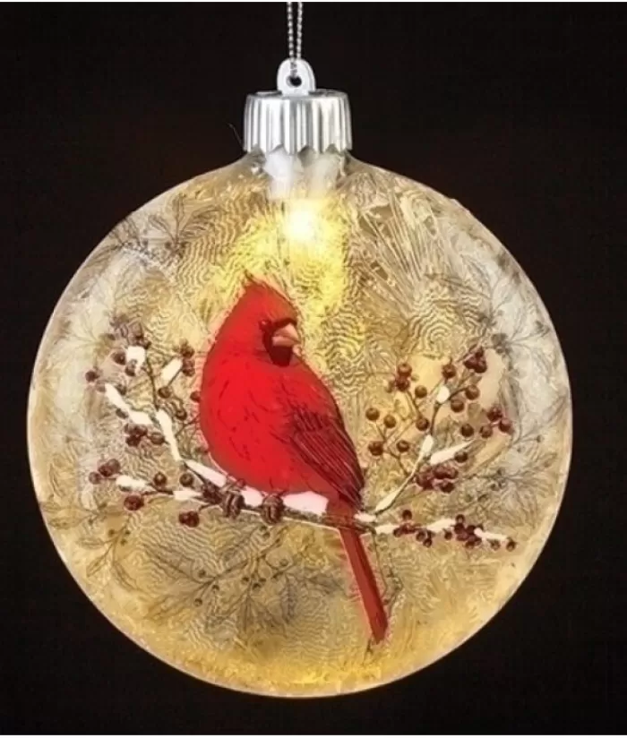 Online Glass Ornament, Led, Cardinal On Holly Bough Design Animals