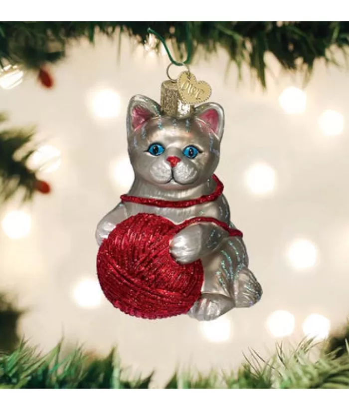 Cheap Grey/Red Kitten Glass Ornament Animals