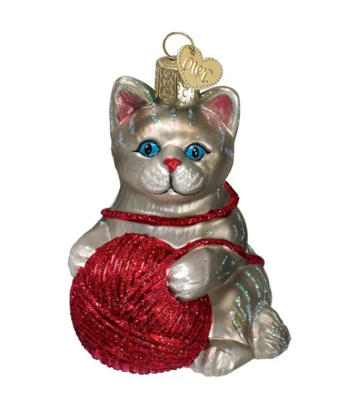 Cheap Grey/Red Kitten Glass Ornament Animals