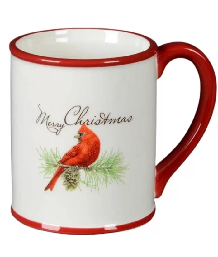 Shop Mug, White And Red With Cardinal Bird Design . Made Of Ceramic. Christmas Dishes