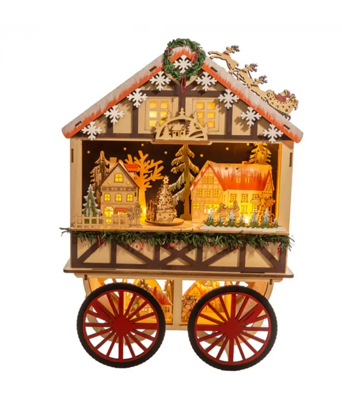 Boutique de Noël Rustic*Musical Wooden Wagon With Christmas Village Scene