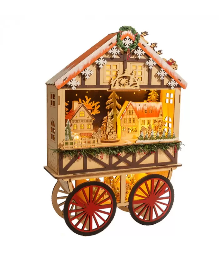 Boutique de Noël Nordic Villages*Musical Wooden Wagon With Christmas Village Scene