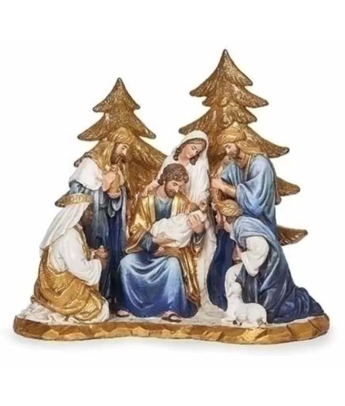 Best Sale One Piece Nativity Scene With Gold Pine Trees Miscellaneous