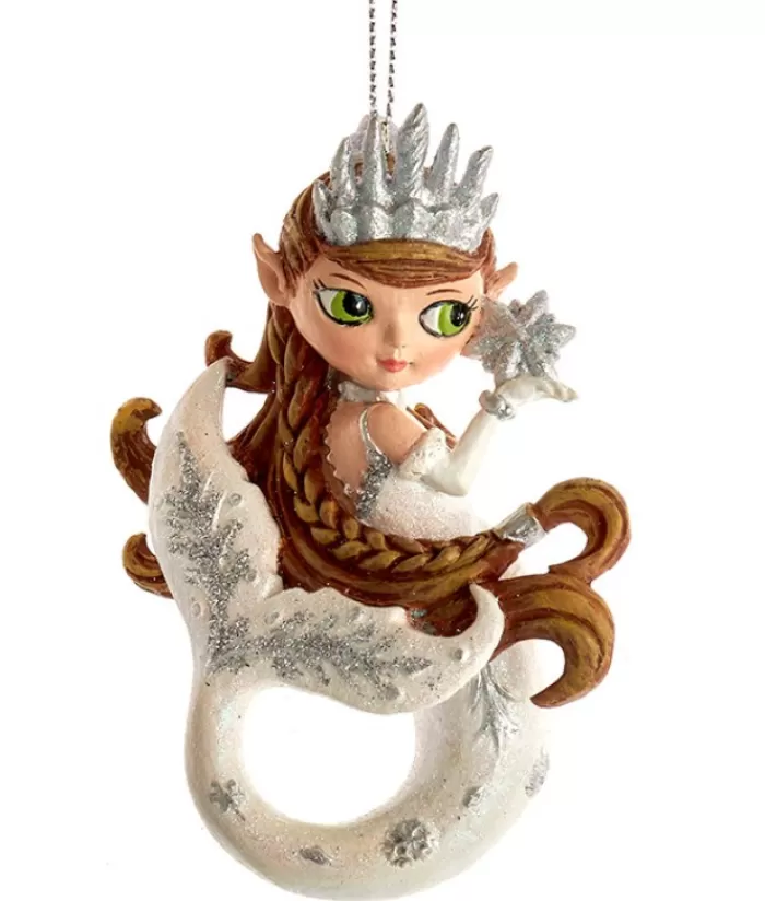 Outlet Ornament, Brown Haired Mermaid, With Silver Spangling Ocean