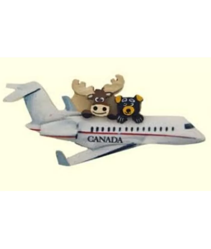 Hot Ornament, 'Canada' Airplane With Traveling Moose And Bear. Made Of Wood. Souvenirs Ornaments