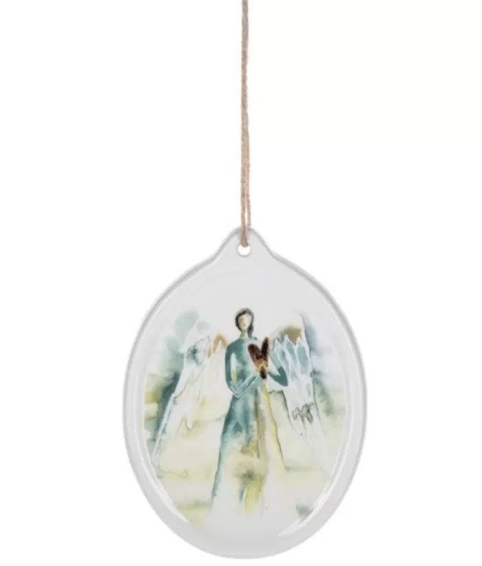 Boutique de Noël Religion*Ornament, Ceramic Disc, With Angel Painted In Watercolour