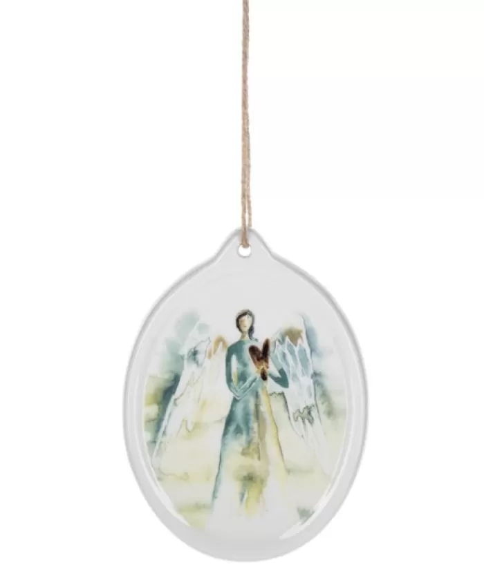 Fashion Ornament, Ceramic Disc, With Angel Painted In Watercolour Angels & Santas