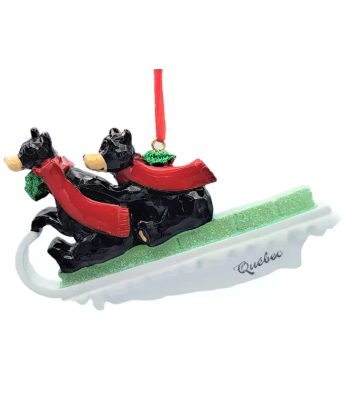 Clearance Ornament, Family Of 2 Black Bears On Sled The Bears