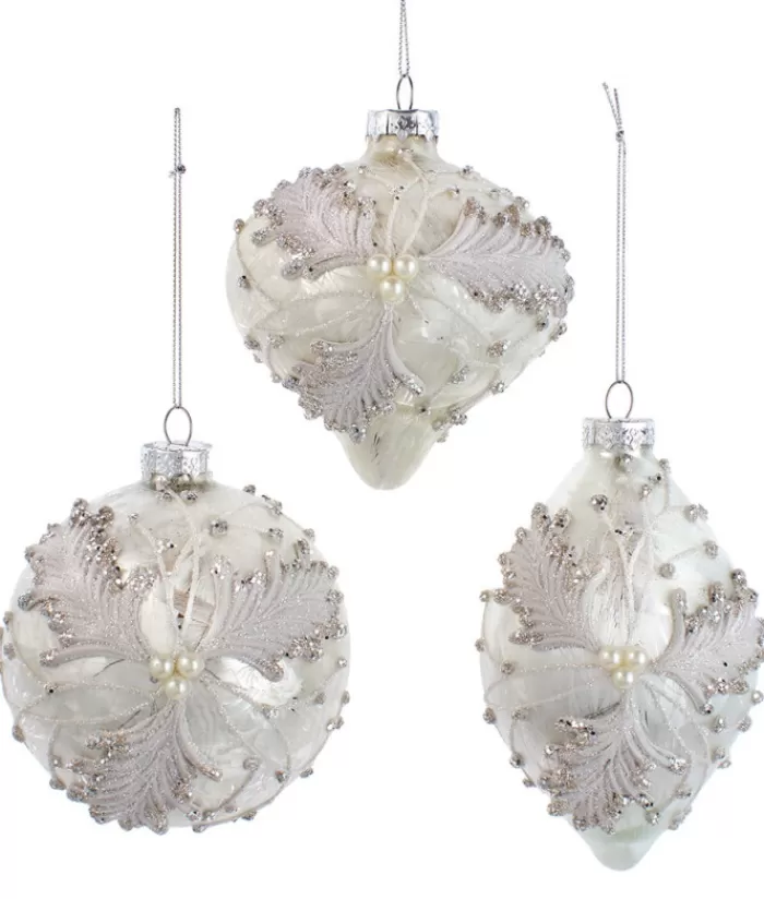Best Sale Ornament, Frosted 100Mm Ball, With Ornate Oak Leaves And Pearl Like Decoration Miscellaneous