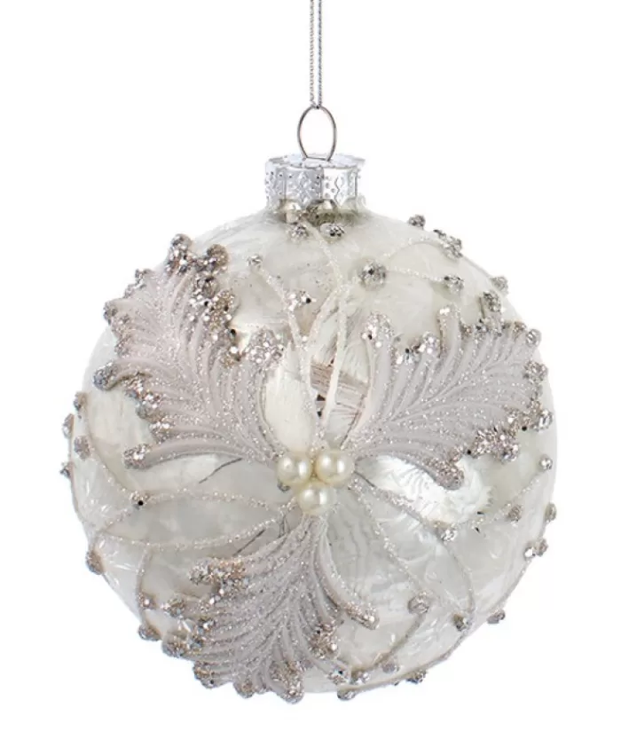 Best Sale Ornament, Frosted 100Mm Ball, With Ornate Oak Leaves And Pearl Like Decoration Miscellaneous