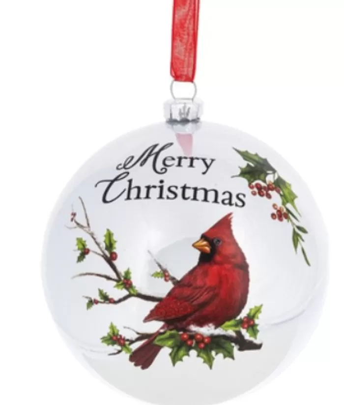 Boutique de Noël Enchanted Forest*Ornament, Glass Ball, Cardinal Perched On Holly Branch