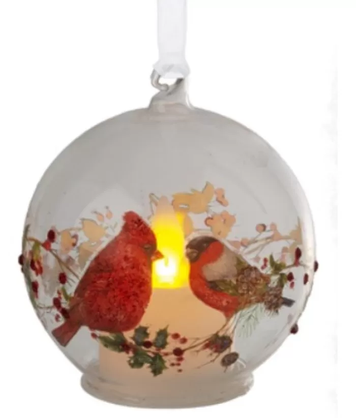 Boutique de Noël Birds & Owls*Ornament, Glass Ball, Illuminated By Led, Cardinal On Holly Design