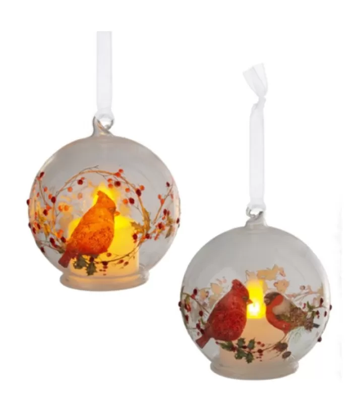 Boutique de Noël Birds & Owls*Ornament, Glass Ball, Illuminated By Led, Cardinal On Holly Design