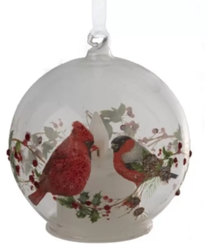 Boutique de Noël Birds & Owls*Ornament, Glass Ball, Illuminated By Led, Cardinal On Holly Design