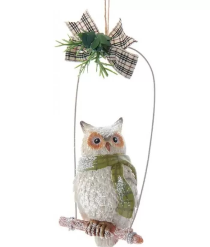 Boutique de Noël Birds & Owls*Ornament, Owl On Perch With Green Scarf.