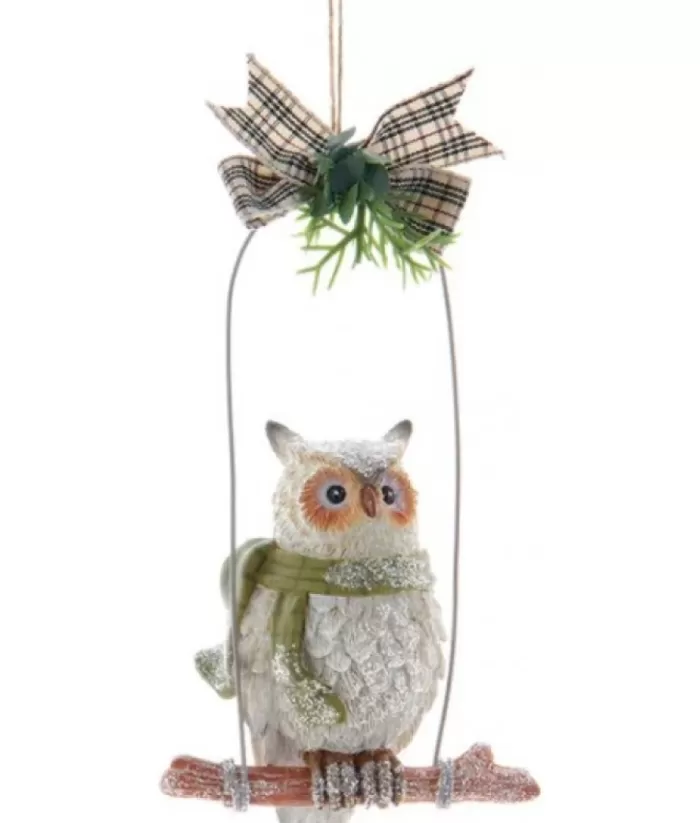 Boutique de Noël Enchanted Forest*Ornament, Owl On Perch With Green Scarf.