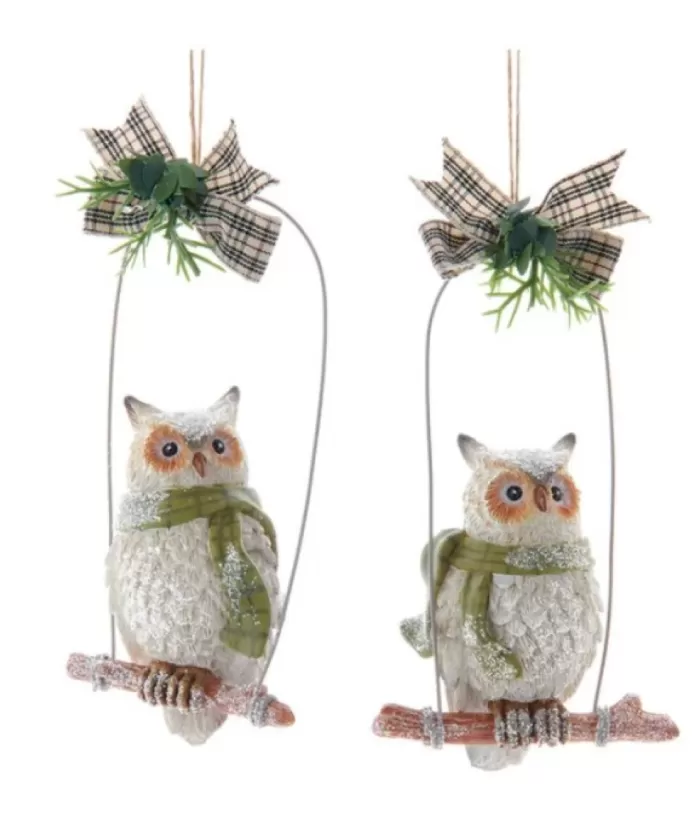 Boutique de Noël Enchanted Forest*Ornament, Owl On Perch With Green Scarf.