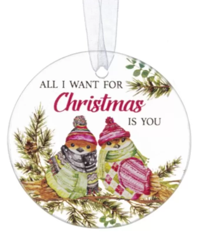 Online Ornament, Plaque With Bird Motif, With Message "All I Want For Christmas Is You" Sweet Sentiments