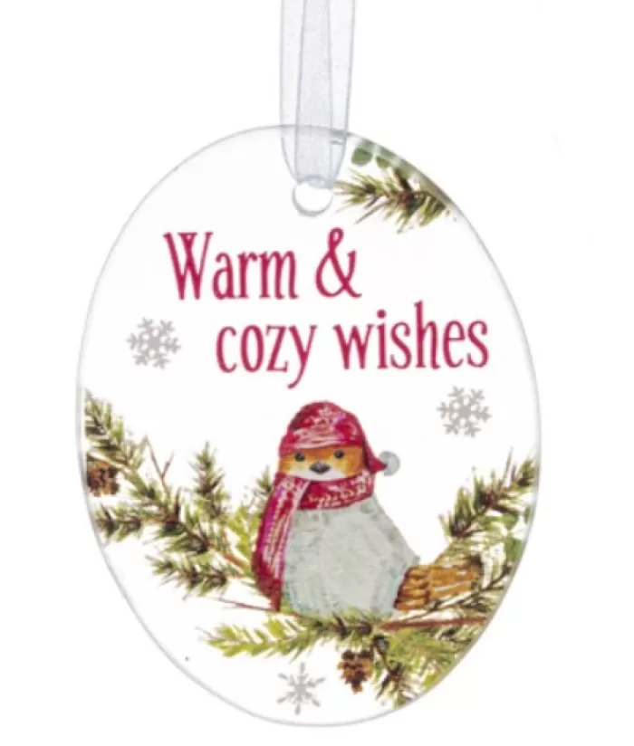 Outlet Ornament, Plaque With Bird Motif, With Message "Warm And Cozy Wishes" Sweet Sentiments