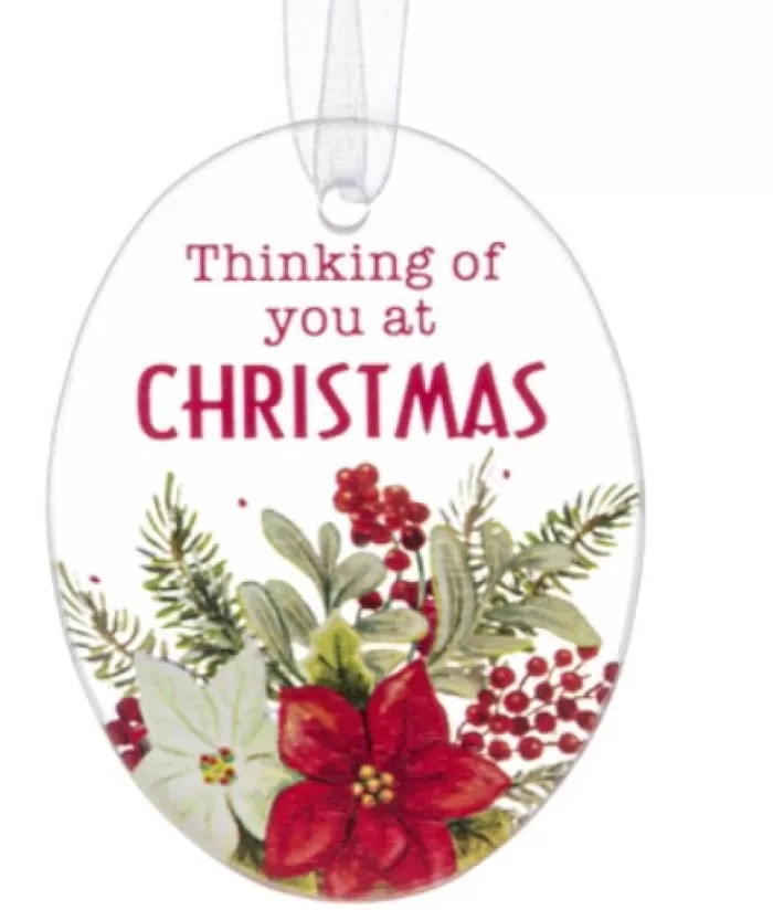 Online Ornament, Plaque With Poinsetta Motif, With Message "Thinking Of You At Christmas" Sweet Sentiments