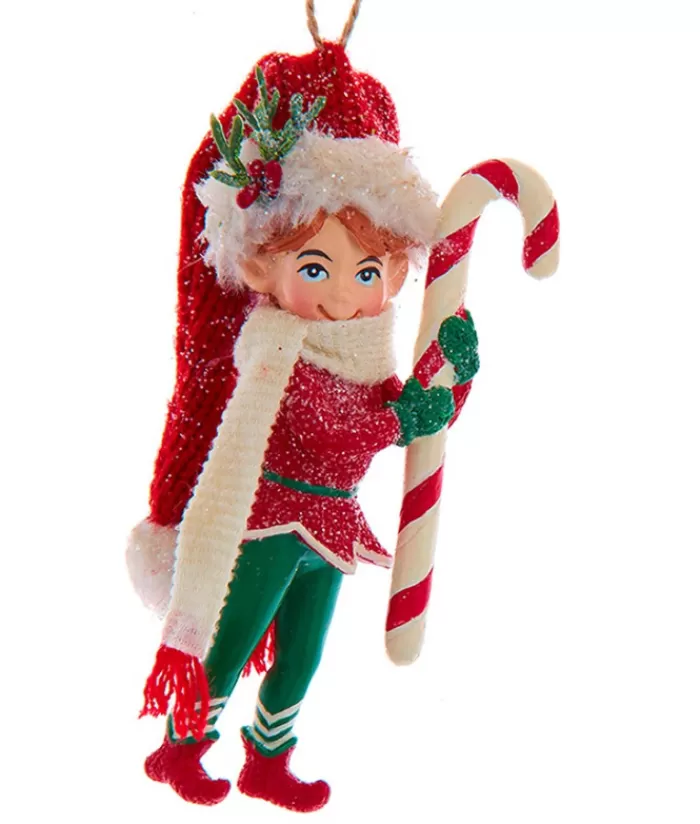 Outlet Ornament, "Red Hat" Christmas Elf With Candy Cane Red Hats