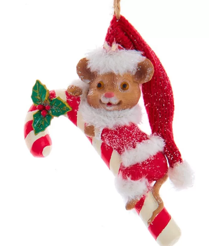 New Ornament, "Red Hat" Christmas Mouse With Candy Cane Snowmen