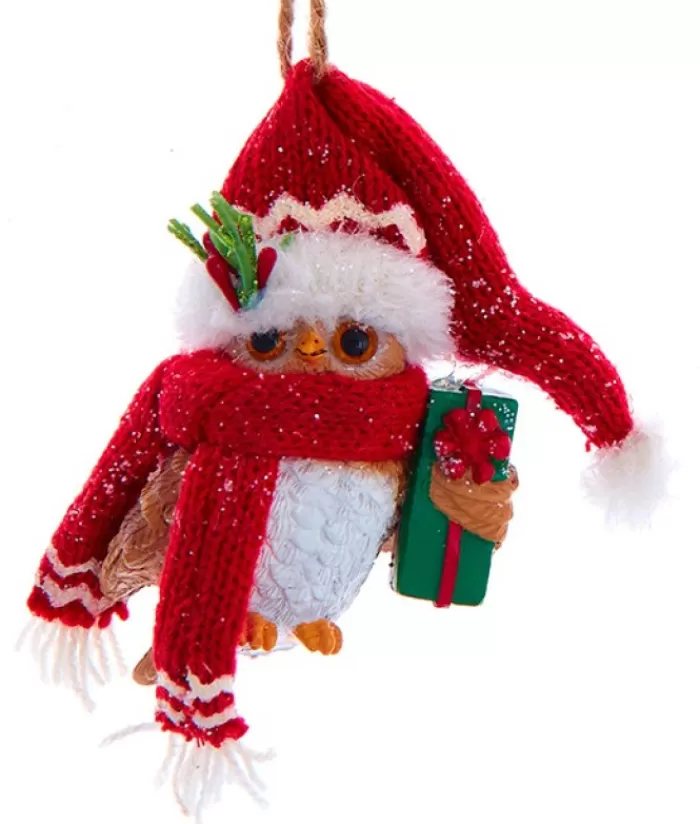 Store Ornament, "Red Hat" Christmas Owl With Wrapped Gift Animals